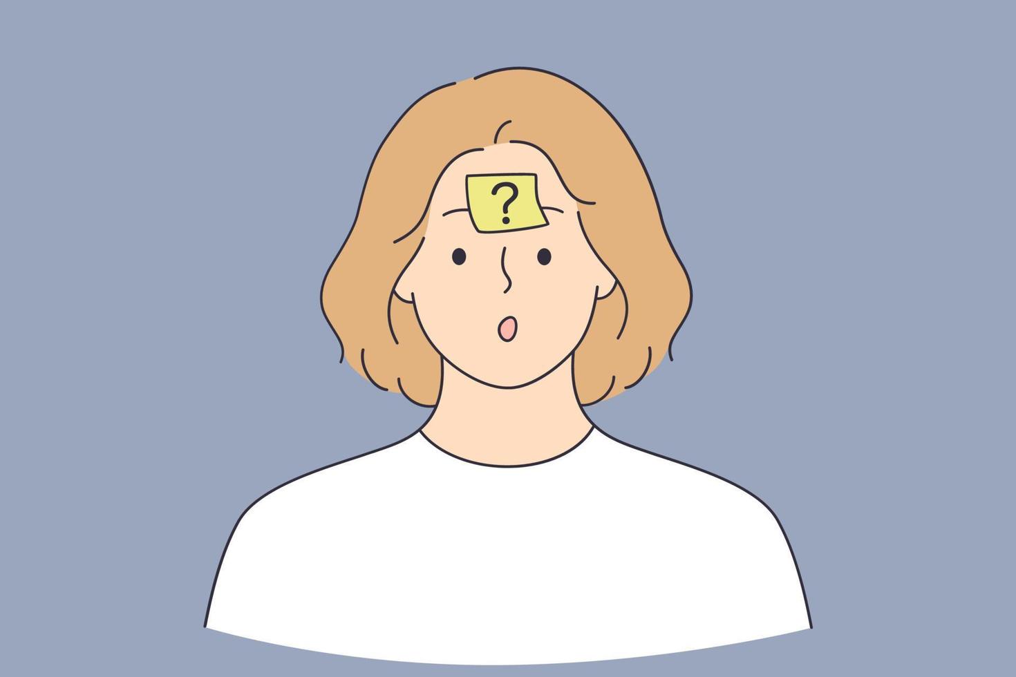 pensamiento, duda, concepto de signo de pregunta. mujer pensante frustrada personaje de dibujos animados de pie con signo de interrogación en la frente sintiendo duda sin respuesta ilustración vectorial vector