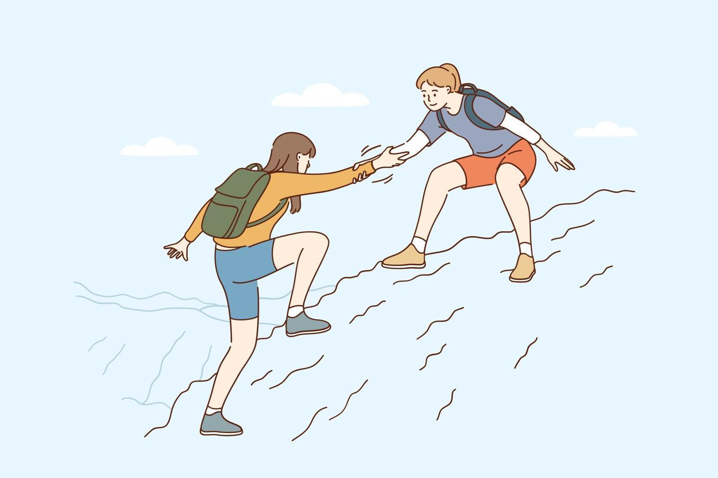 Support, help and assistance concept. Young smiling Woman backpacker cartoon character helping her friend to climb cliff and reach top of mountain vector illustration