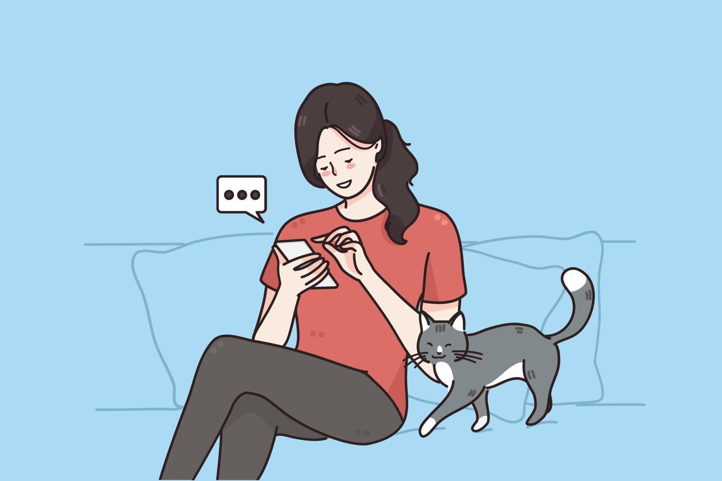 Cozy atmosphere at home concept. Beautiful smiling young girl in casual clothes holding smartphone in her hands sitting on soft couch with cat and chatting online vector illustration