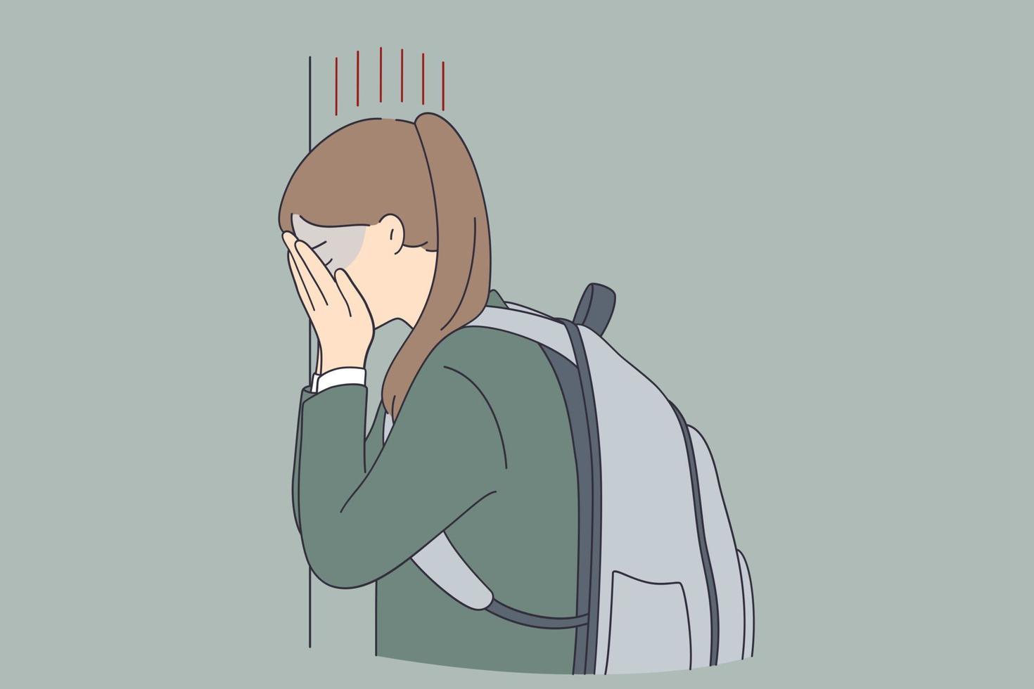 Depression, child bullying at school concept. Sad unhappy depressed young schoolgirl covering her face and crying against wall at school feeling lonely abused vector illustration