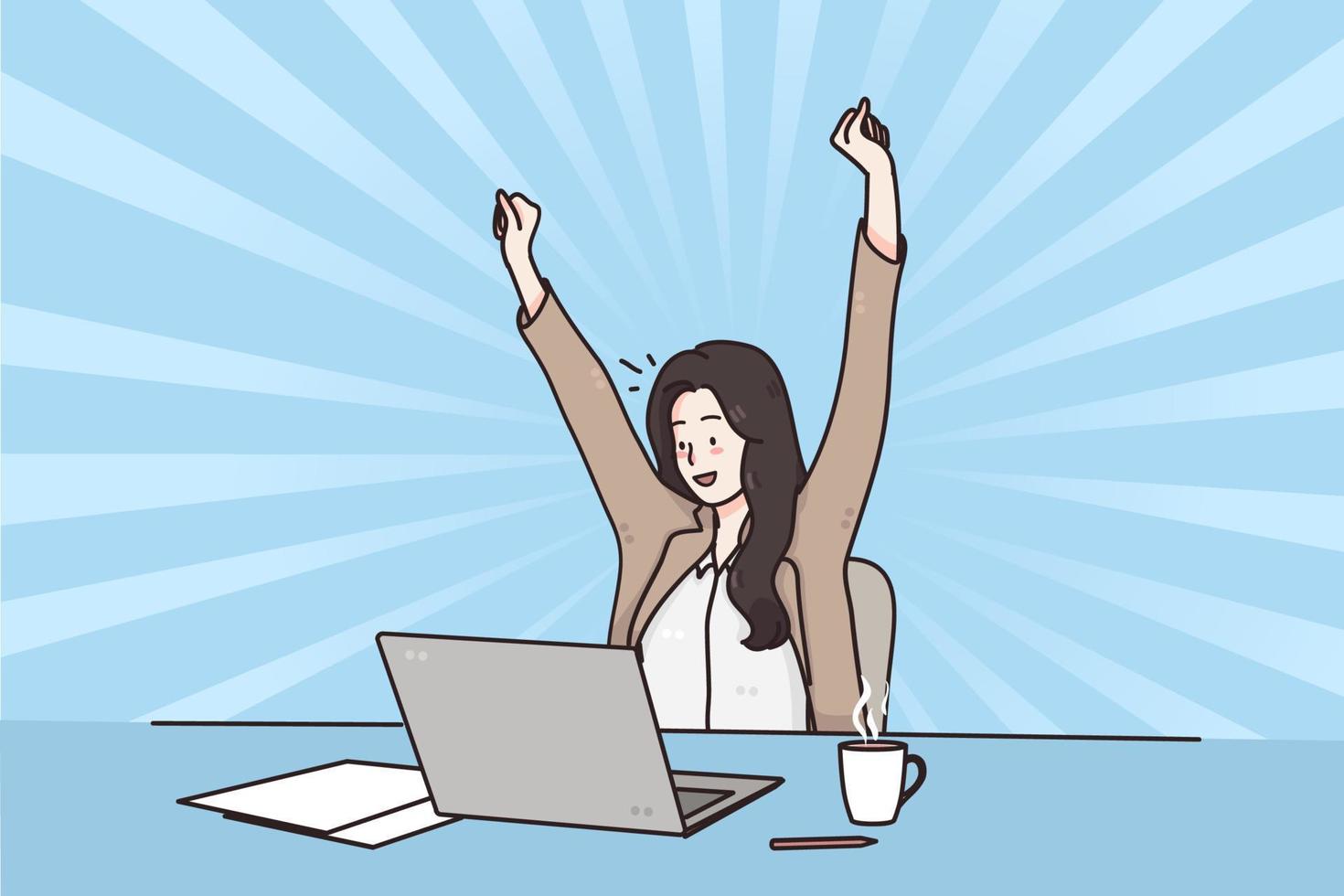 Business success, Celebrating win, positive emotions concept. Smiling happy business woman sitting in chair at desk using laptop celebrating win with hands raised over blue background illustration vector