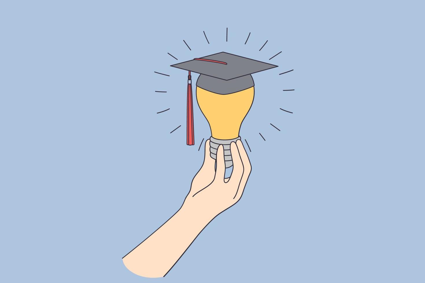 Business education, learning, new ideas concept. Human hand holding light bulb wearing graduate bonnet meaning educational success and creative innovations vector illustration
