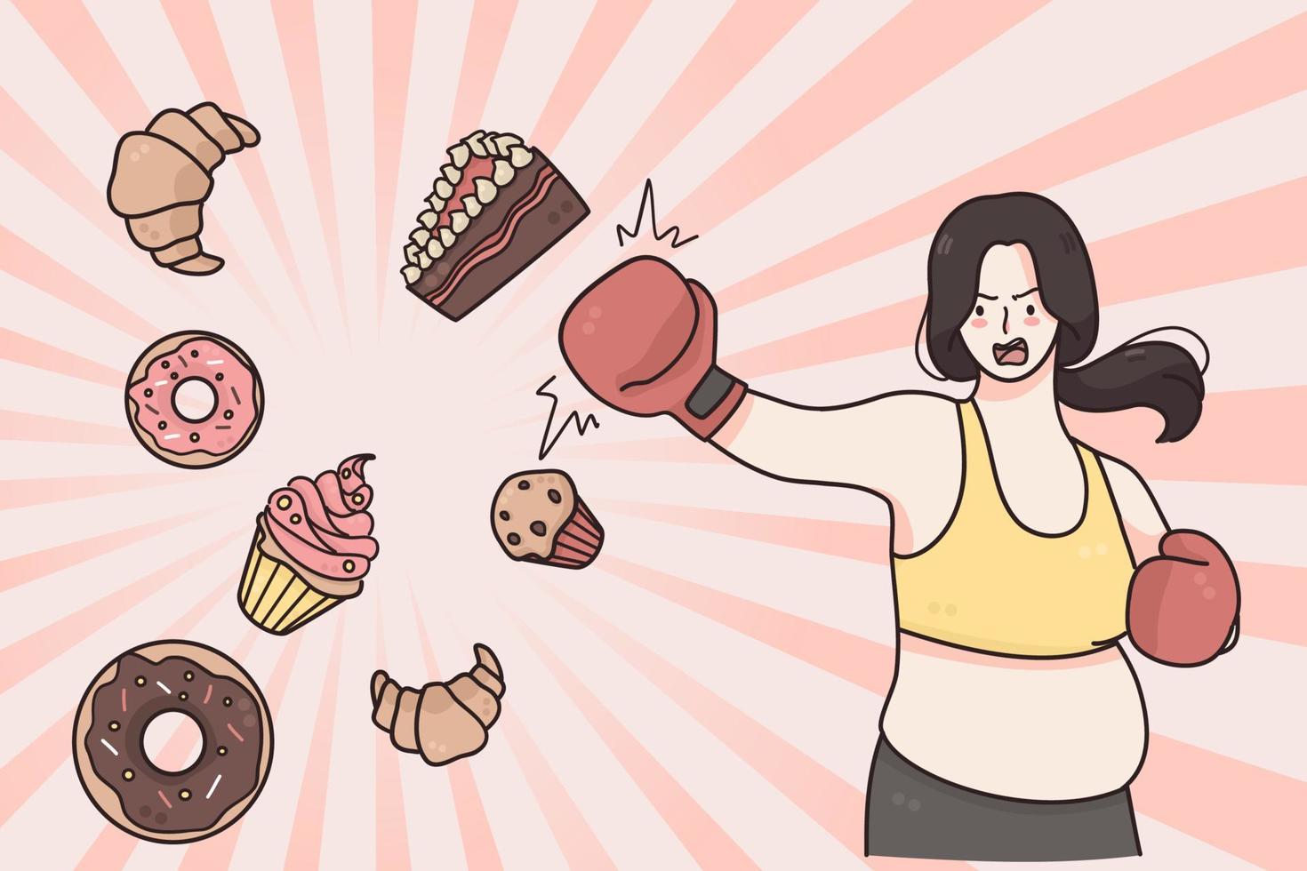 dieta, pérdida de peso concepto de estilo de vida saludable. chica gorda en traje de fitness personaje de dibujos animados de pie y empujando comida chatarra rápida gorda con las manos listas para una nueva ilustración de vector de estilo de vida saludable