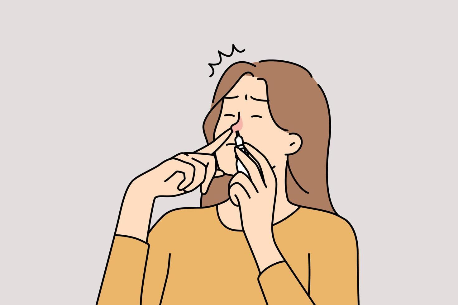 Unhealthy woman suffer from rhinitis put medical drops into nose. Unwell female with runny nose take medication. Vector illustration.