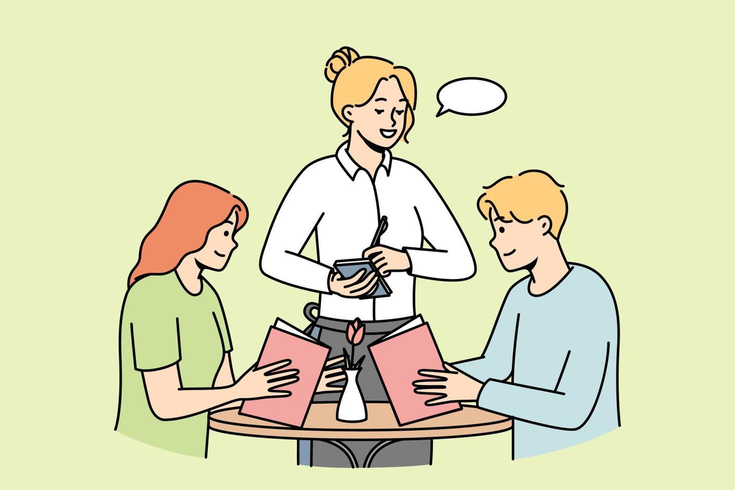 Waitress takes order from young couple in restaurant. Guy and girl choose food, drinks in cafe. Man, woman spend time in coffeehouse. Speech bubble. Vector thin line colored illustration.