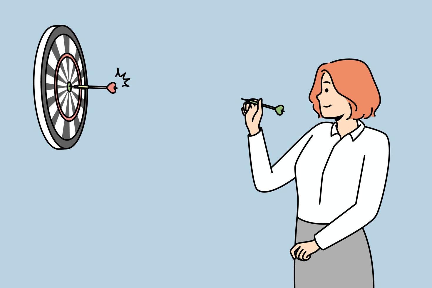 Girl throwing darts at target at wall. Businesswoman aiming arrow at