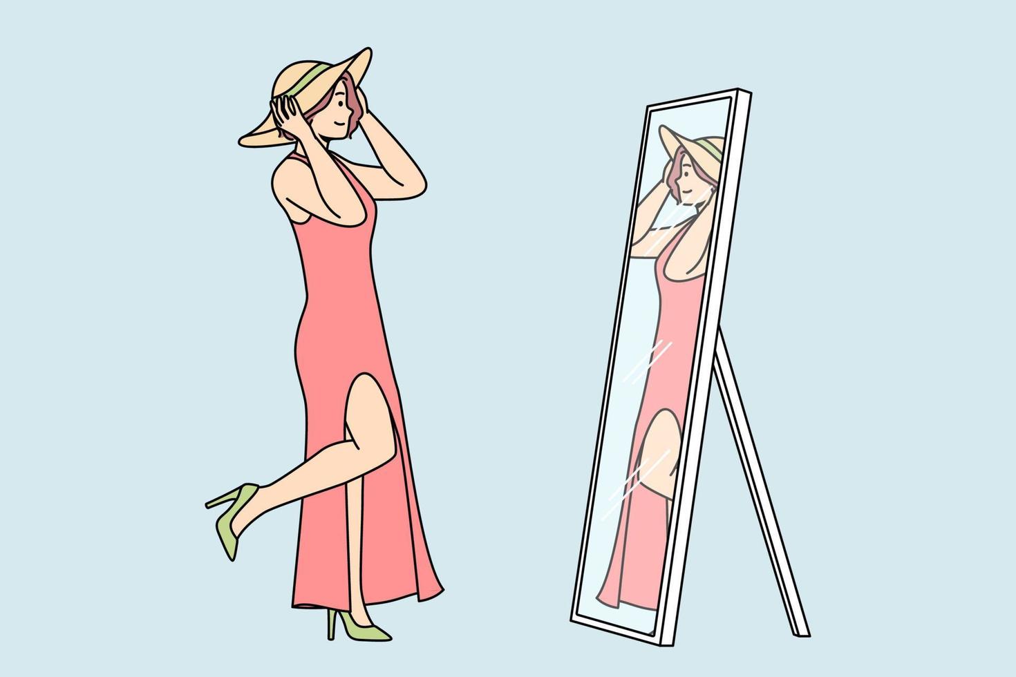 Young woman in dress, shoes, tries on hat in front of mirror. Girl chooses look for summer walk. Lady enjoys shopping, refreshes wardrobe. Vector linear colored illustration isolated on blue.