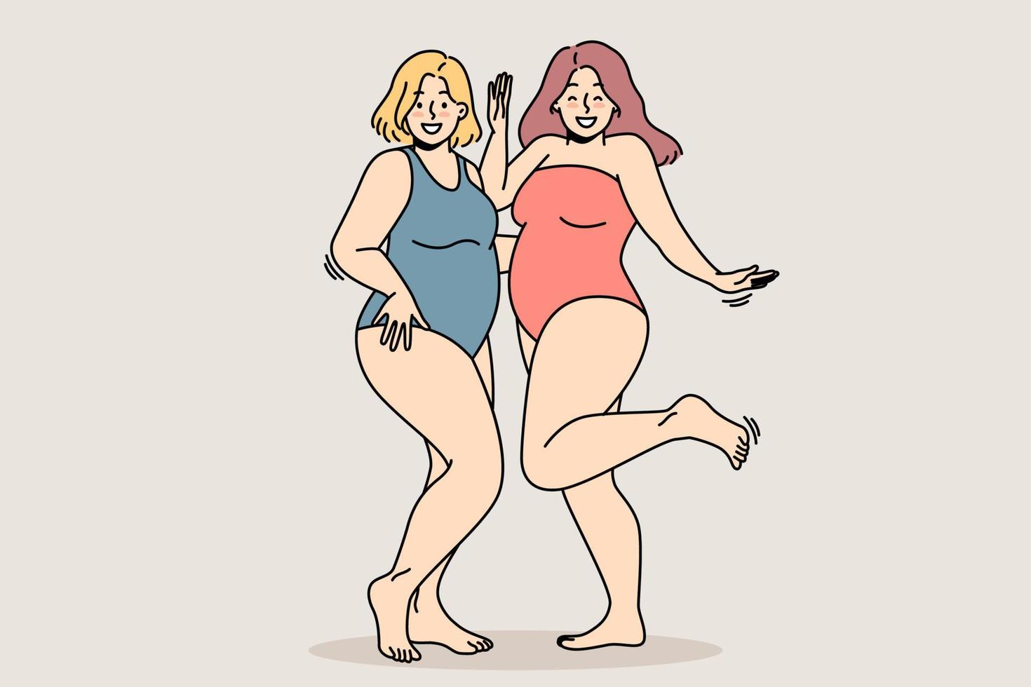 Chubby girls in swimsuits stand next to each other, smile, enjoy their figures. Body positive concept. Fat young women acceptance their shapes. Plus size ladies laugh. Vector isolated illustration.