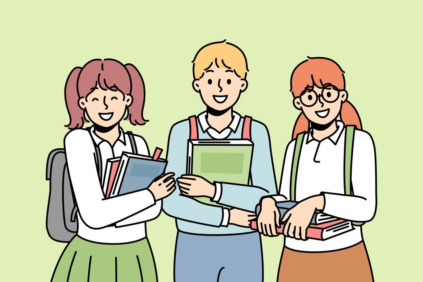 Two girl, boy with college bags stands together, keep textbooks, smiles. Back to school. Schoolchildren like to study. Smart students enjoy learning at university. Vector illustration.