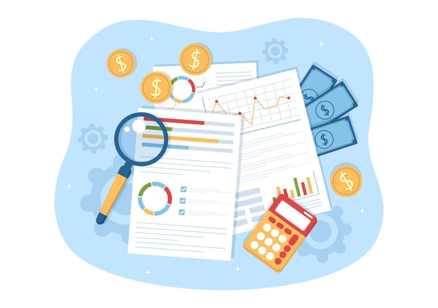Business Audit of Documents with Charts, Accounting, Calculations and Financial Report Analytics in Flat Cartoon Hand Drawn Templates Illustration vector