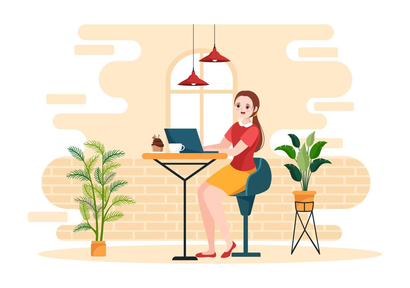 Internet Cafe of Young People Playing Games, Workplace use a Laptop, Talking and Drinking in Flat Cartoon Hand Drawn Templates Illustration vector