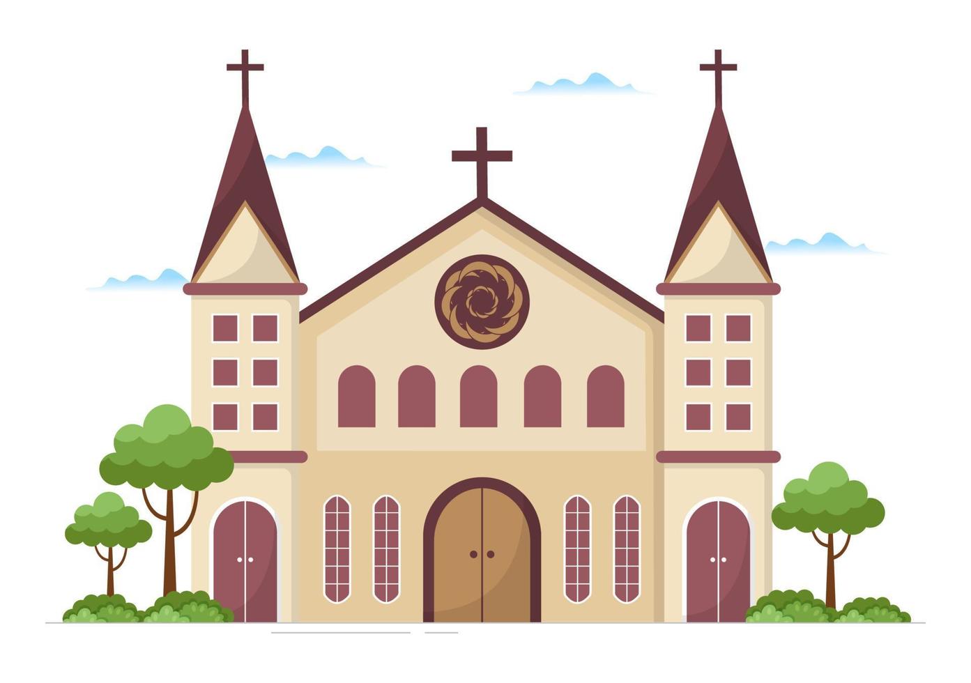 iglesia luterana con edificio de templo de catedral y arquitectura de lugar de religión cristiana en ilustración de plantilla dibujada a mano de dibujos animados planos vector