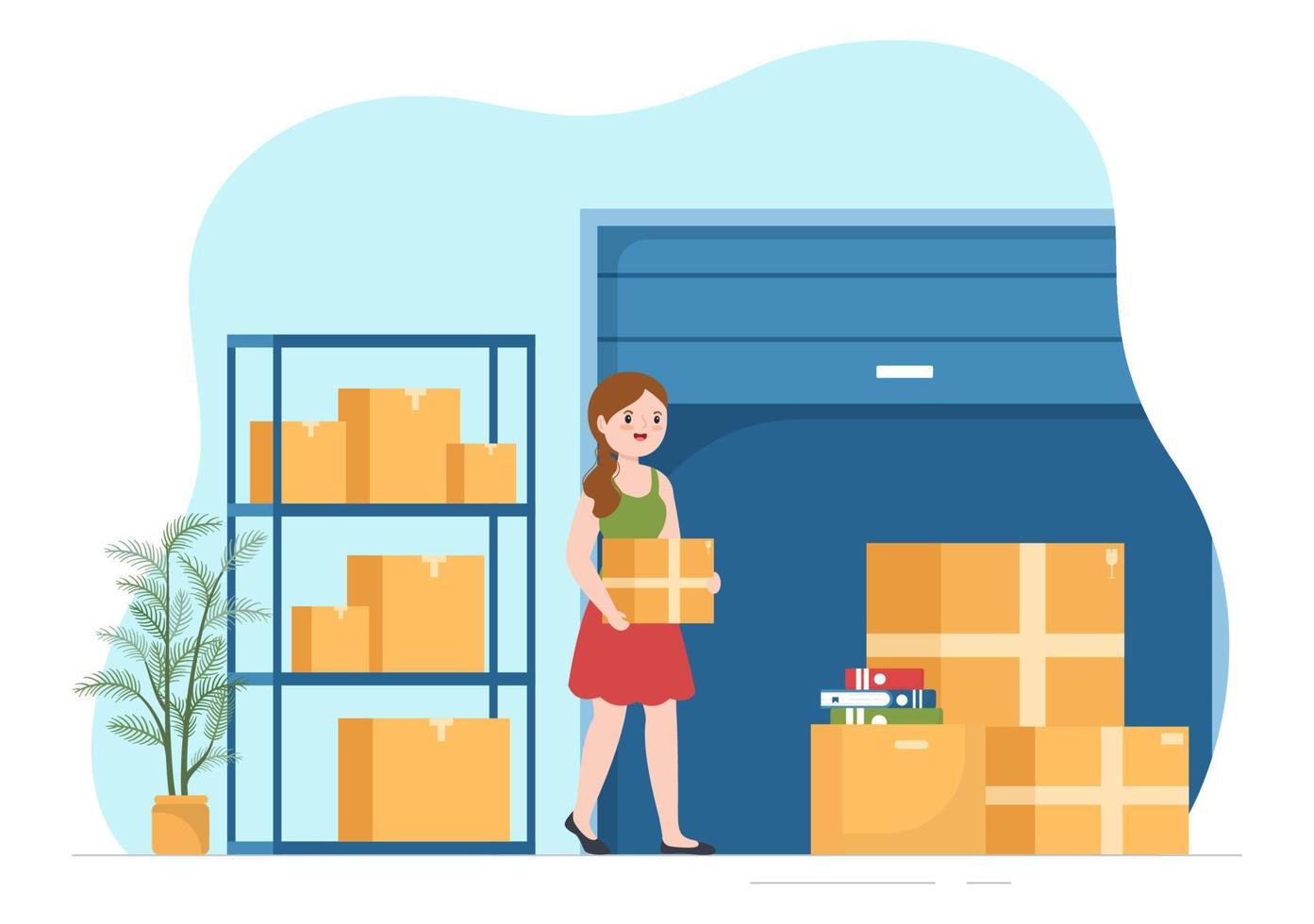 Self Storage of Cardboard Boxes Filled with Unused Items in Mini Warehouse or Rental Garage in Flat Cartoon Hand Drawn Templates Illustration vector