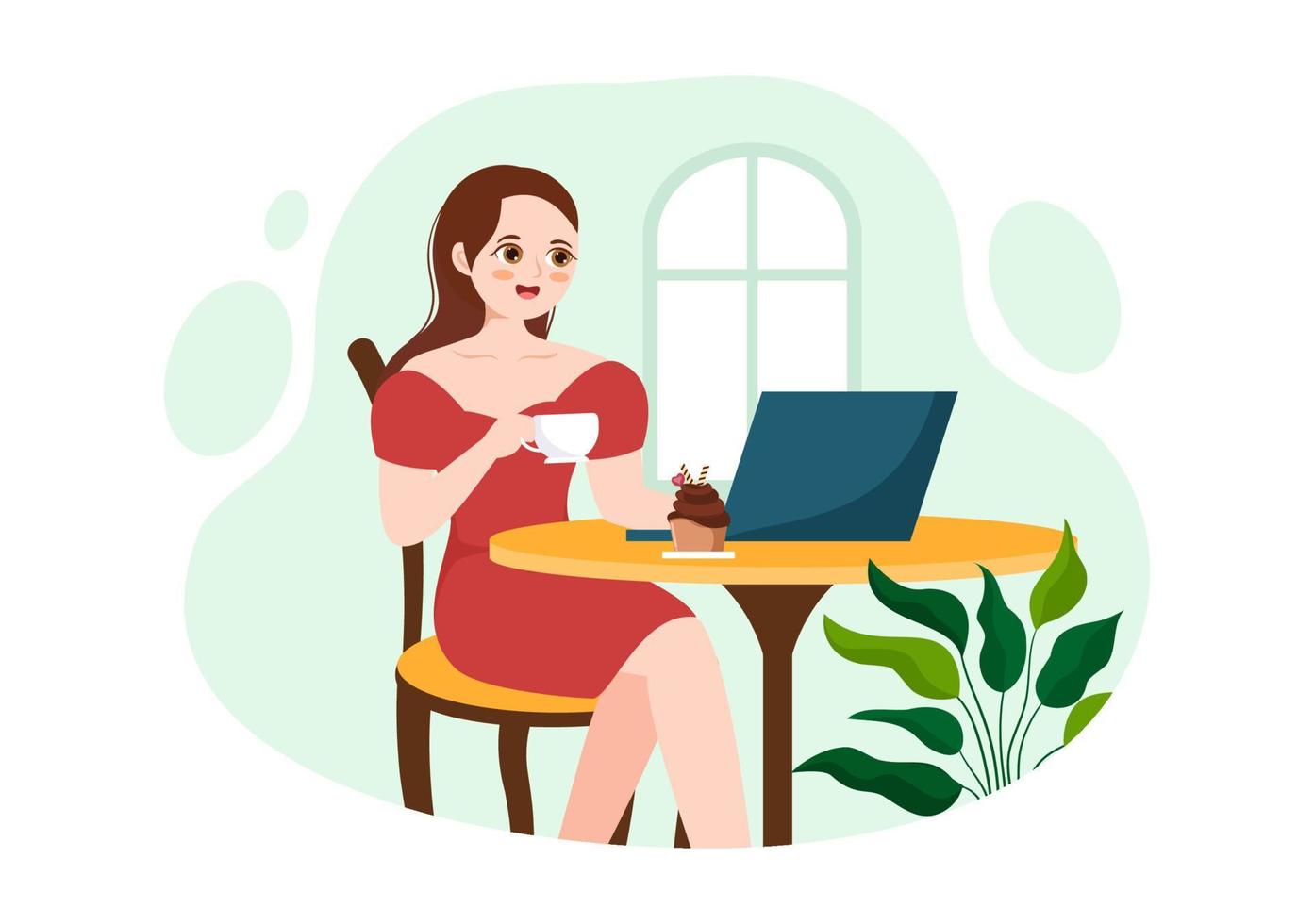 Internet Cafe of Young People Playing Games, Workplace use a Laptop, Talking and Drinking in Flat Cartoon Hand Drawn Templates Illustration vector