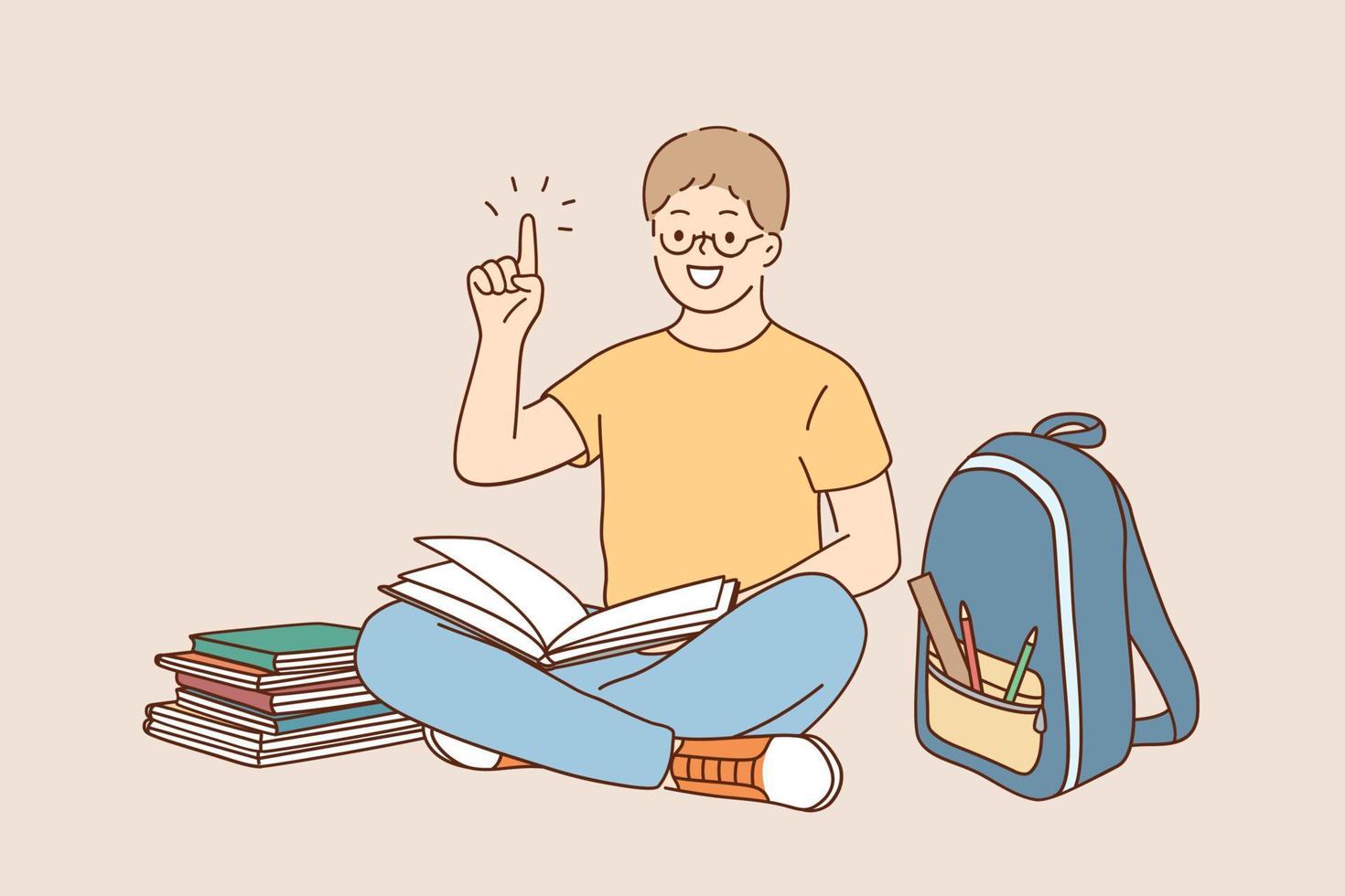 Back to school, education, learning concept. Little happy boy in glasses doing homework at home with backpack full of books and pencils vector illustration