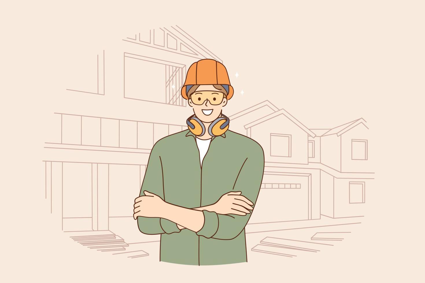Male engineers during work concept. Young smiling positive businessman construction site engineer cartoon character in helmet and work uniform standing and looking vector illustration