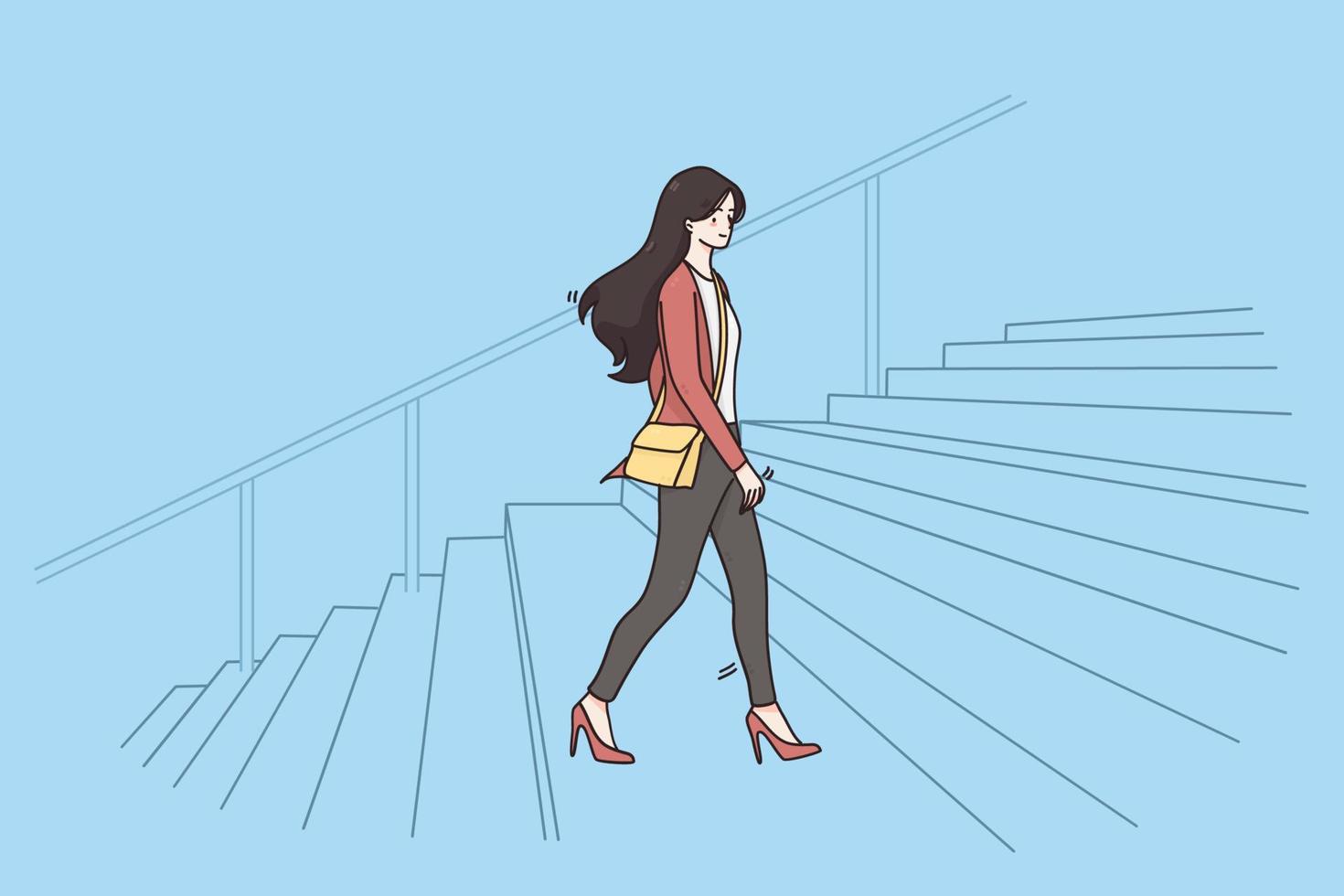 nuevas oportunidades, éxito empresarial, concepto de oficina. joven mujer de negocios sonriente subiendo la escalera sintiéndose confiada yendo a la ilustración de vector de oficina