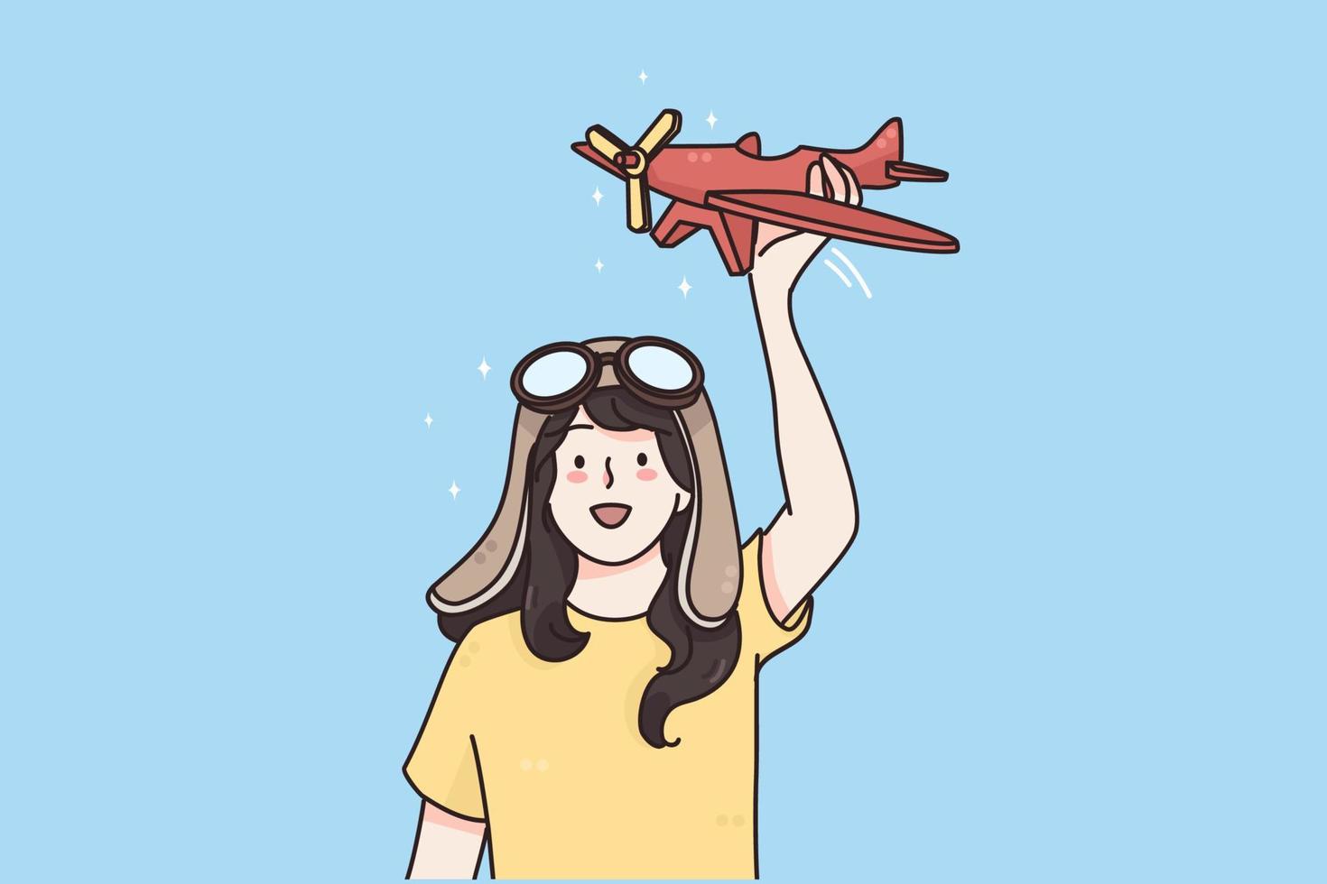 Happy childhood and games concept. Young smiling girl in goggles standing with toy plane in hands and playing imagining her pilot vector illustration