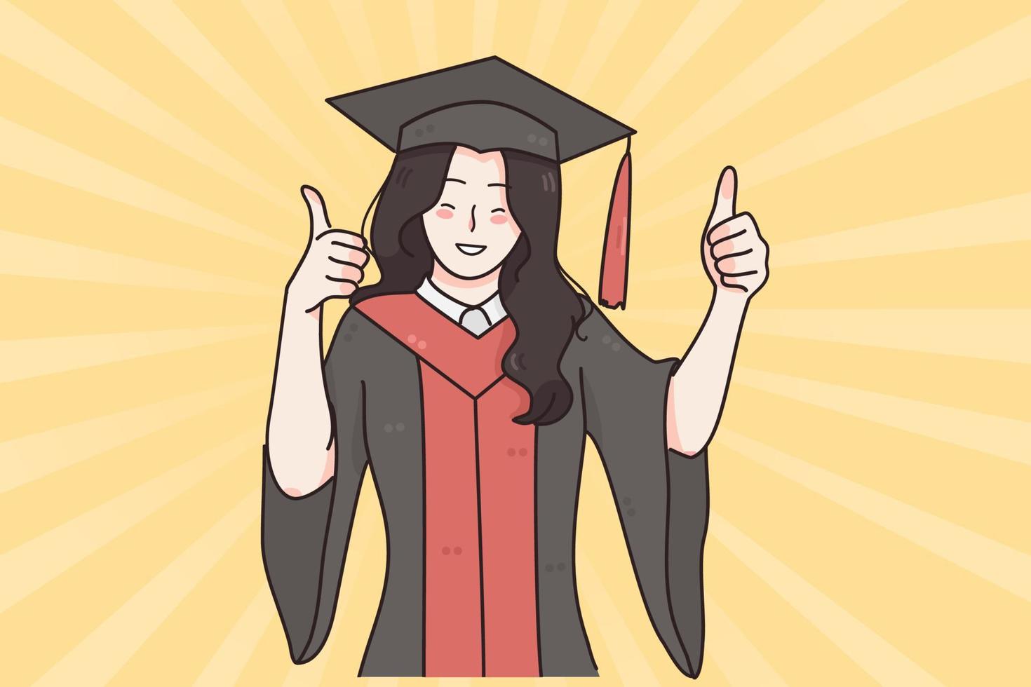 Successful education, graduation from university concept. Young smiling happy girl in traditional bonet and mantle standing showing thumbs up sign feeling happiness with graduation vector