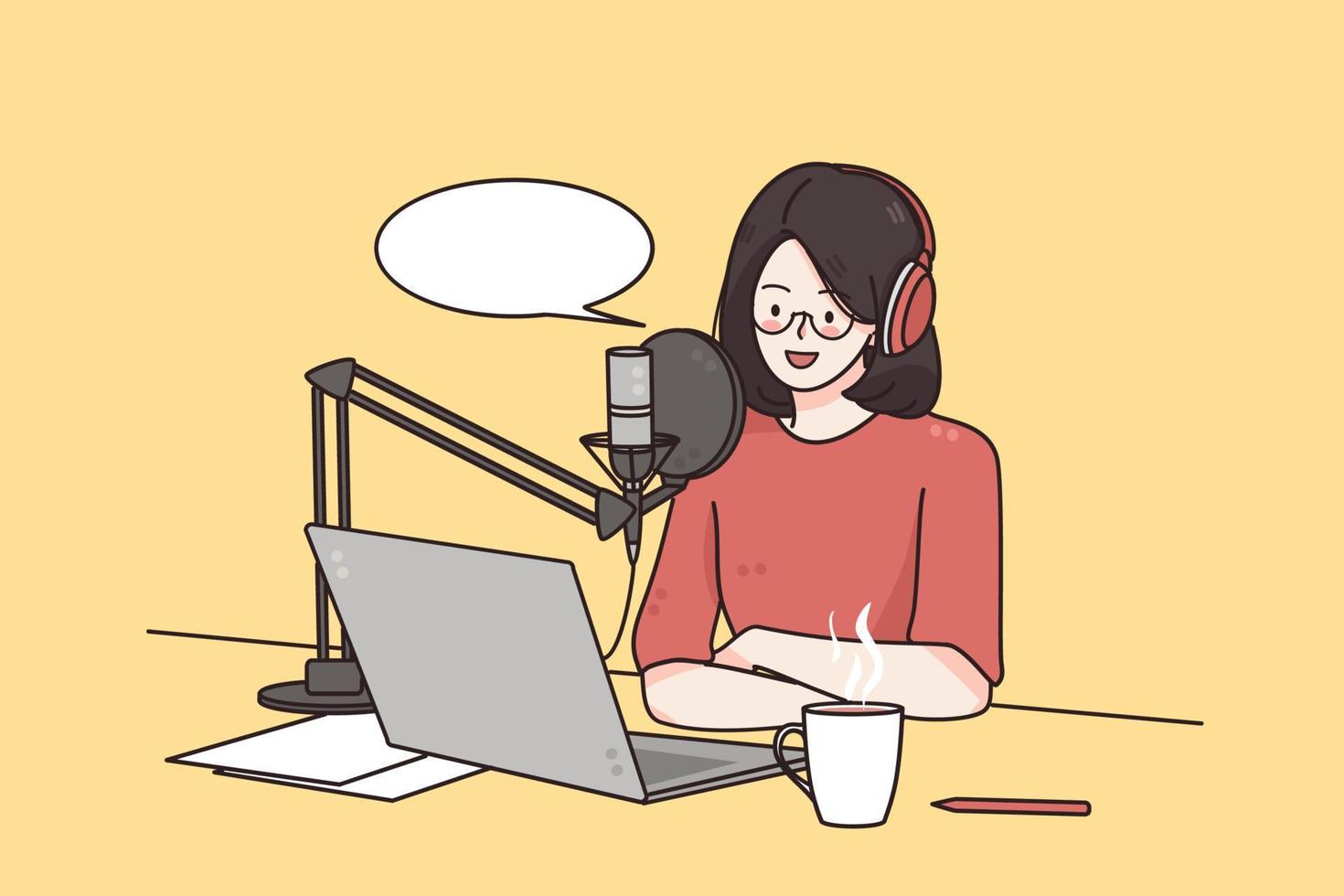 Podcaster making, blogger, technology concept. Young smiling Woman cartoon character sitting recording podcast on her laptop computer with headphones and microphone vector illustration