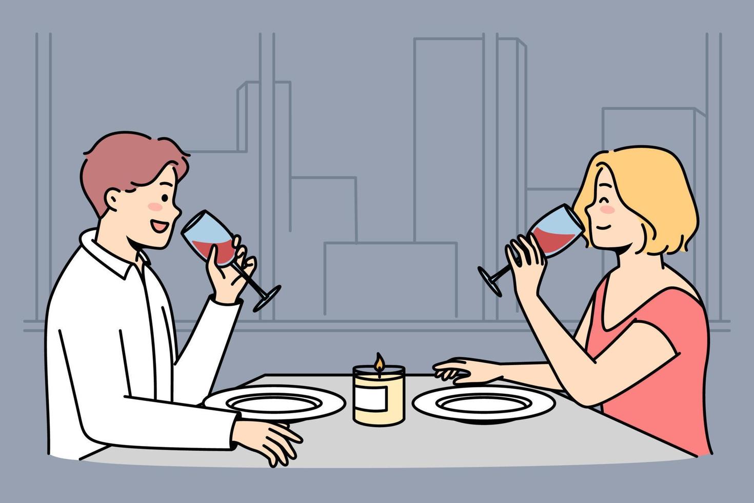 Man, woman sit at table, drink red wine in restaurant. Husband with wife have romantic dinner at home. Girl, guy dating at city cafe, waiting for ordered food. Vector coloured outline illustration.