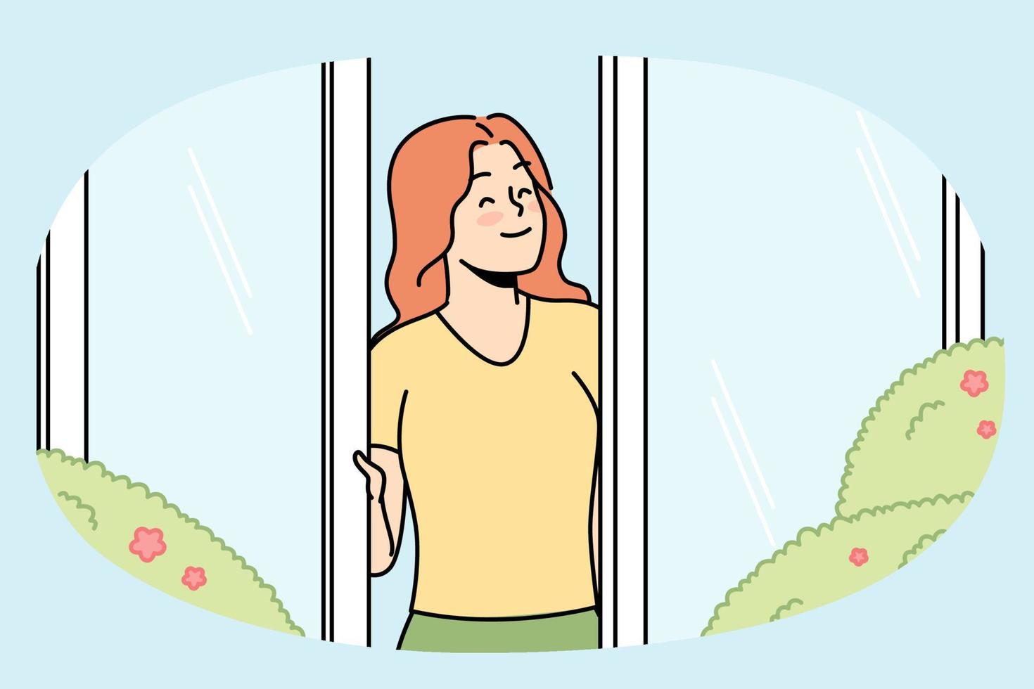 Happy girl looks out of window, rejoices in rays of sun, flowering vegetation in spring outside. Young woman enjoying summer sunny day standing in open door. Vector thin line isolated illustration.