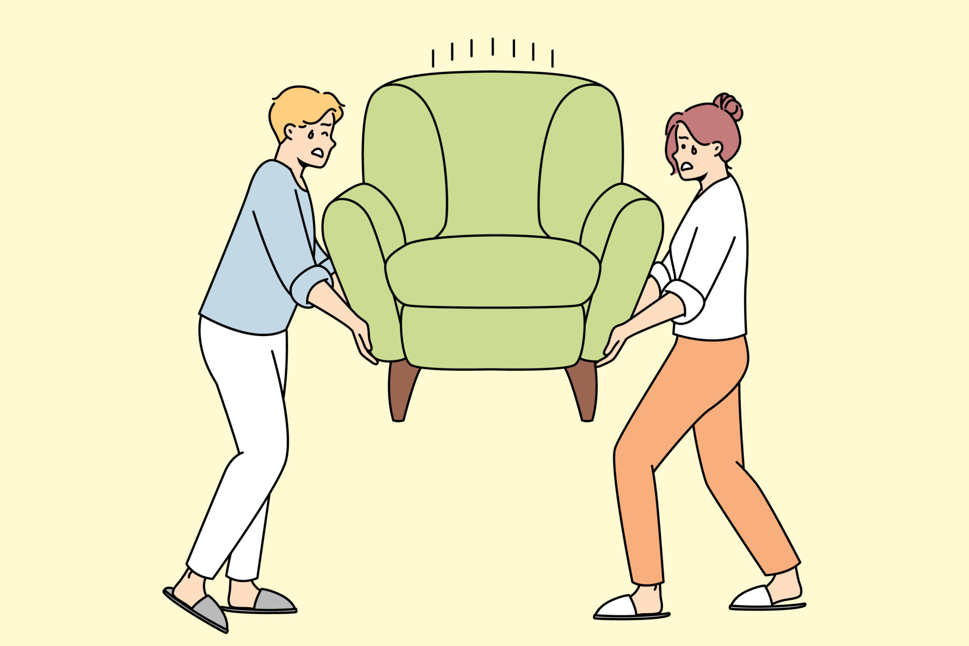 Man, woman install heavy armchair after moving to new apartment. Family