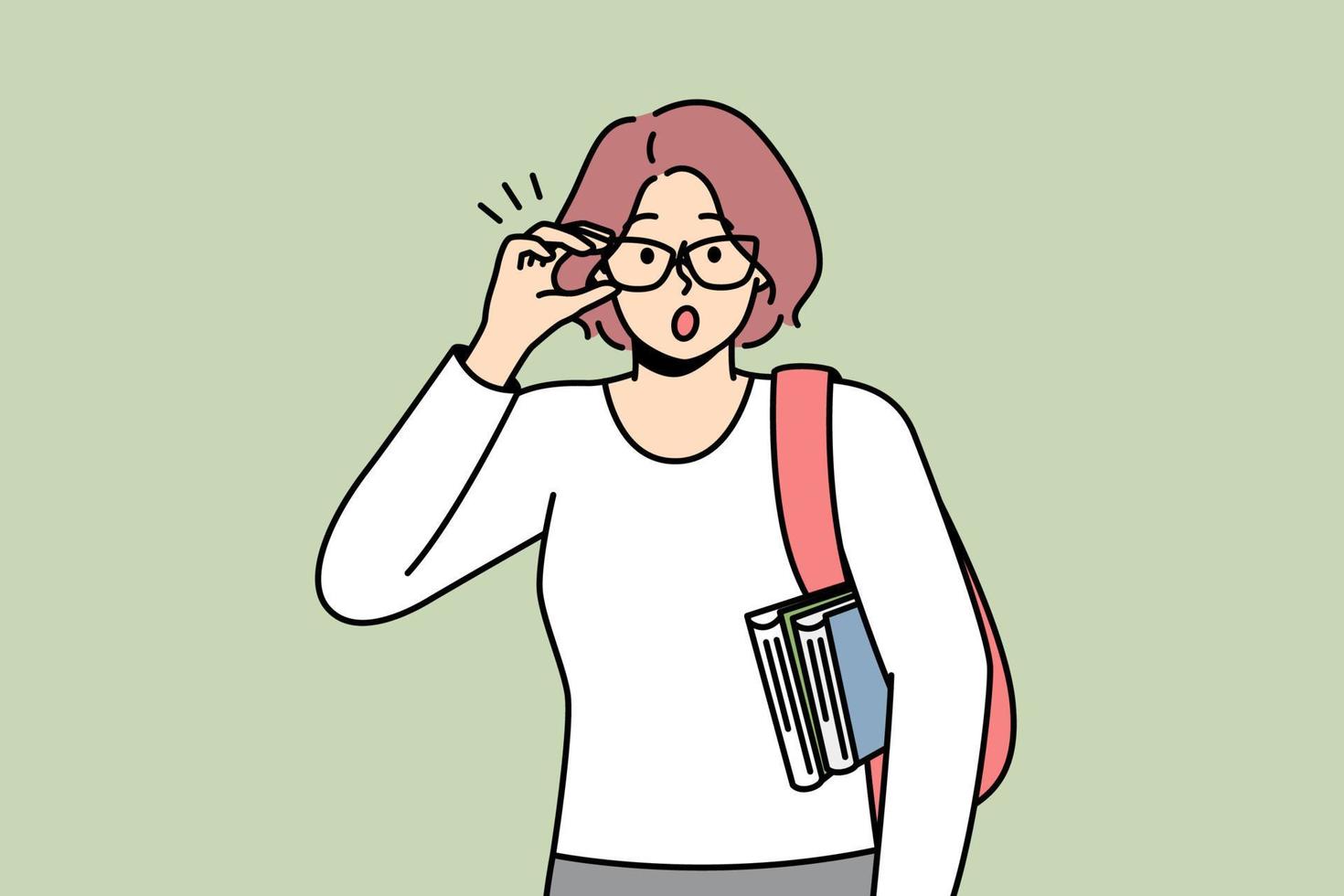 mujer preguntándose algo, tocando sus gafas. señora con bandolera, libros se sorprende al ver algo inusual. profesor, profesor sorprendido. ilustración en color de la línea de contorno vectorial. vector