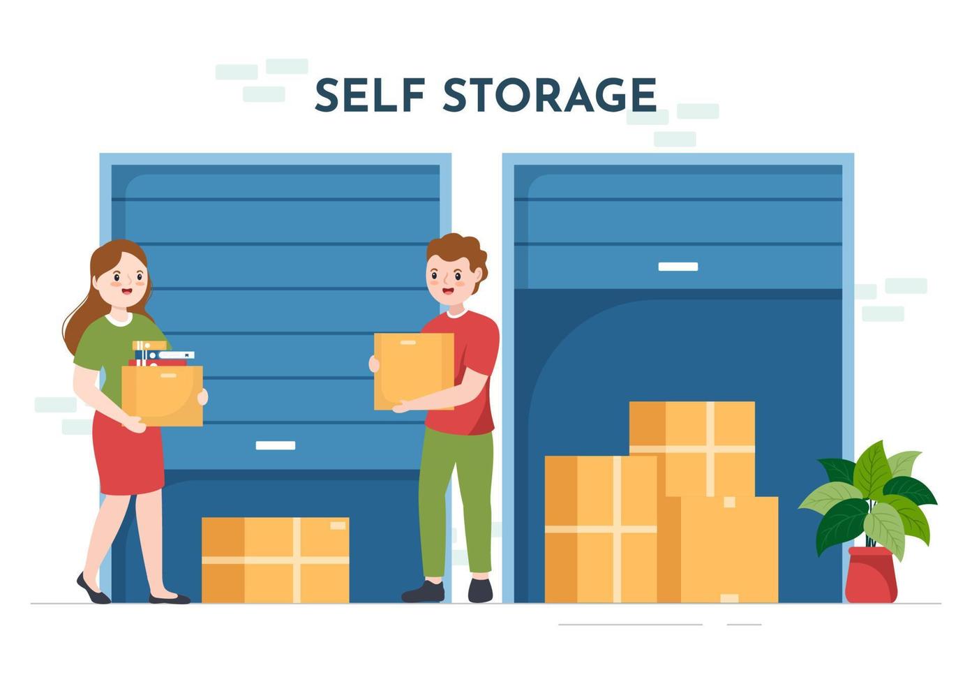 Self Storage of Cardboard Boxes Filled with Unused Items in Mini Warehouse or Rental Garage in Flat Cartoon Hand Drawn Templates Illustration vector