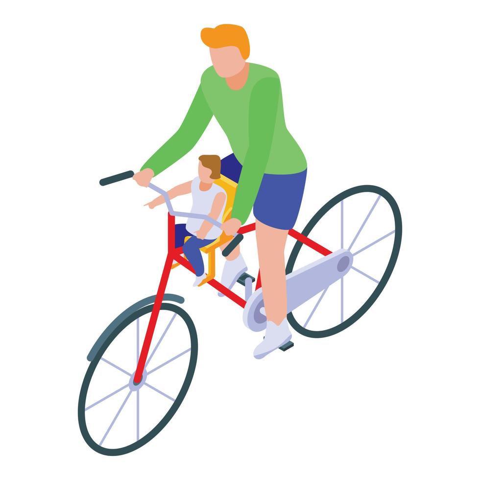 padre con niño paseo en bicicleta icono, estilo isométrico vector