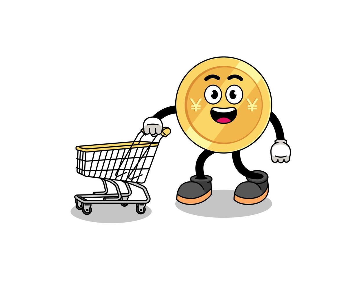 Cartoon of japanese yen holding a shopping trolley vector