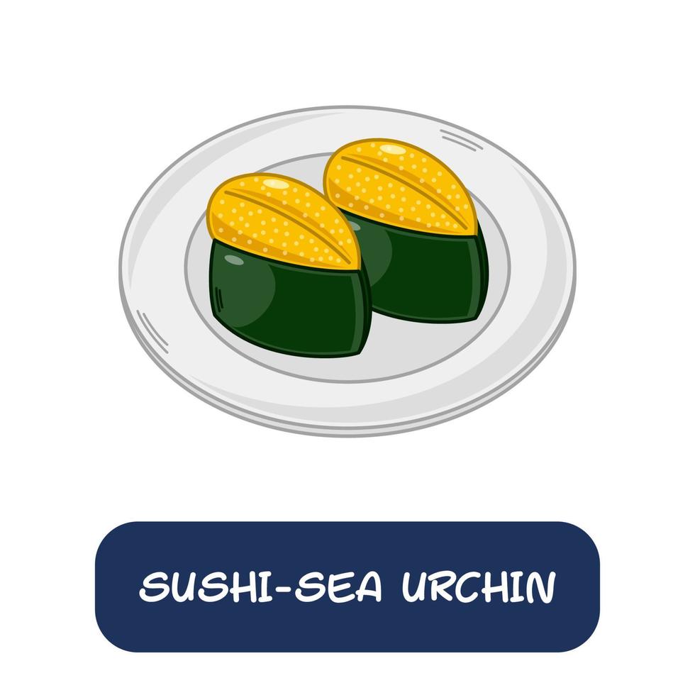 erizo de mar de sushi de dibujos animados, vector de comida japonesa aislado en fondo blanco