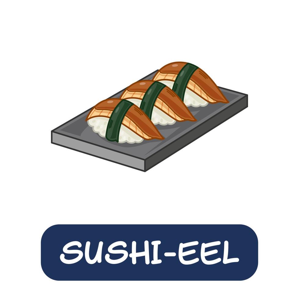 anguila de sushi de dibujos animados, vector de comida japonesa aislado en fondo blanco