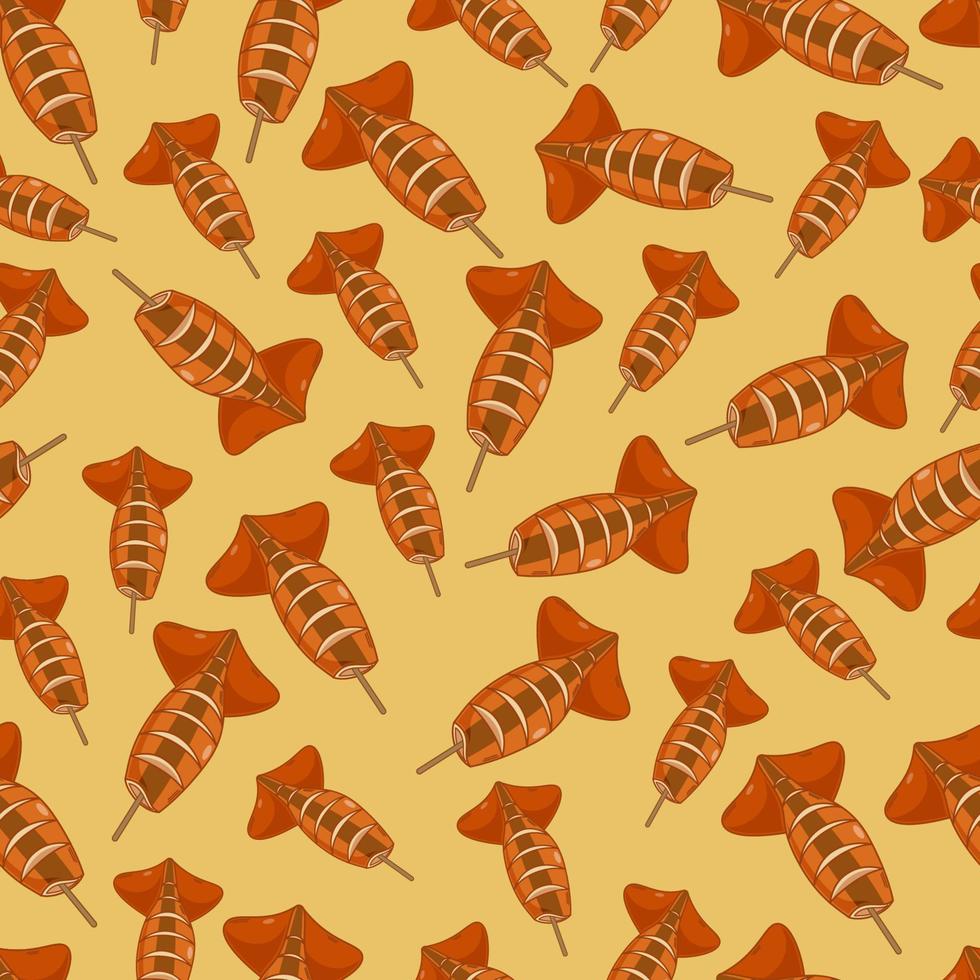 cartoon ikayaki, japanese food seamless pattern on colorful background vector