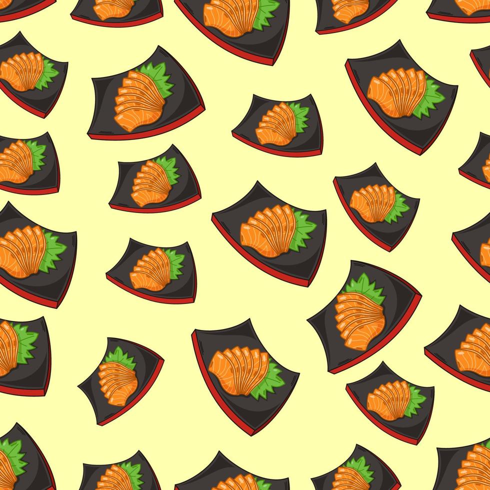 cartoon sashimi-salmon, japanese food seamless pattern on colorful background vector