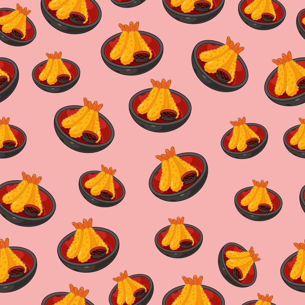 tempura de dibujos animados, patrón sin costuras de comida japonesa en colores de fondo vector