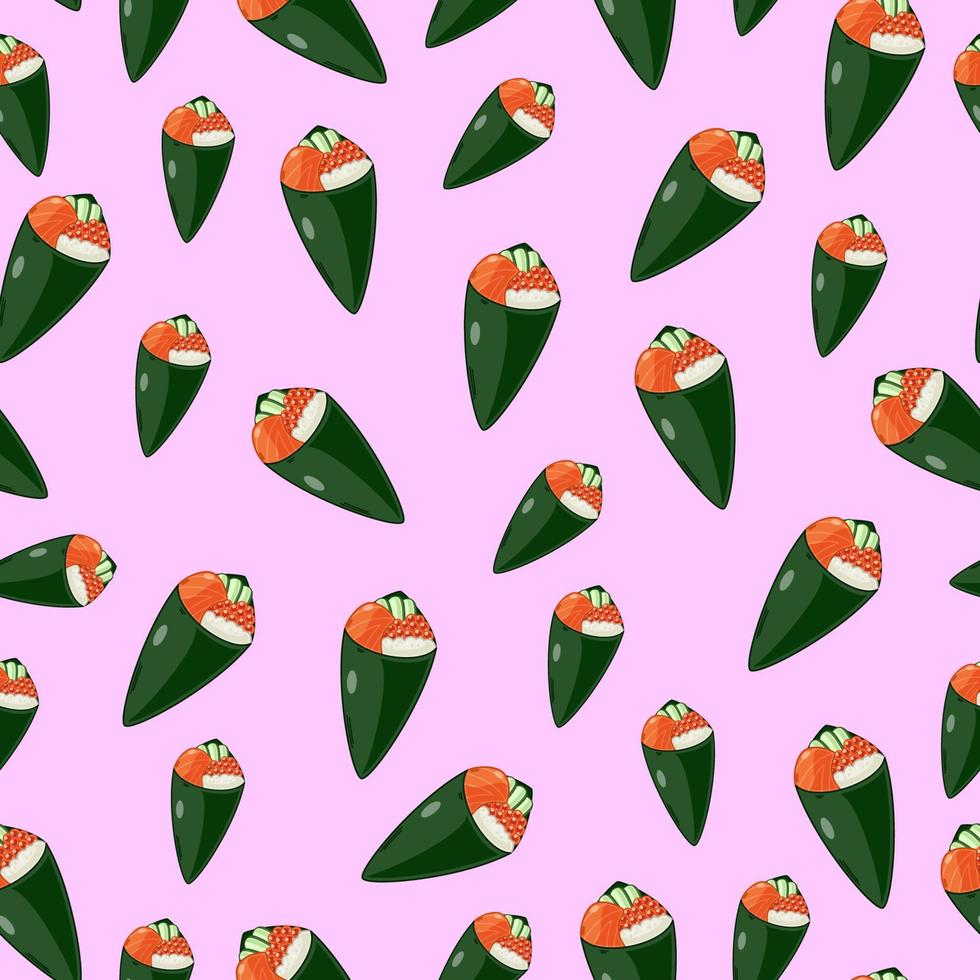 temaki de sushi de dibujos animados, patrón sin costuras de comida japonesa en colores de fondo vector