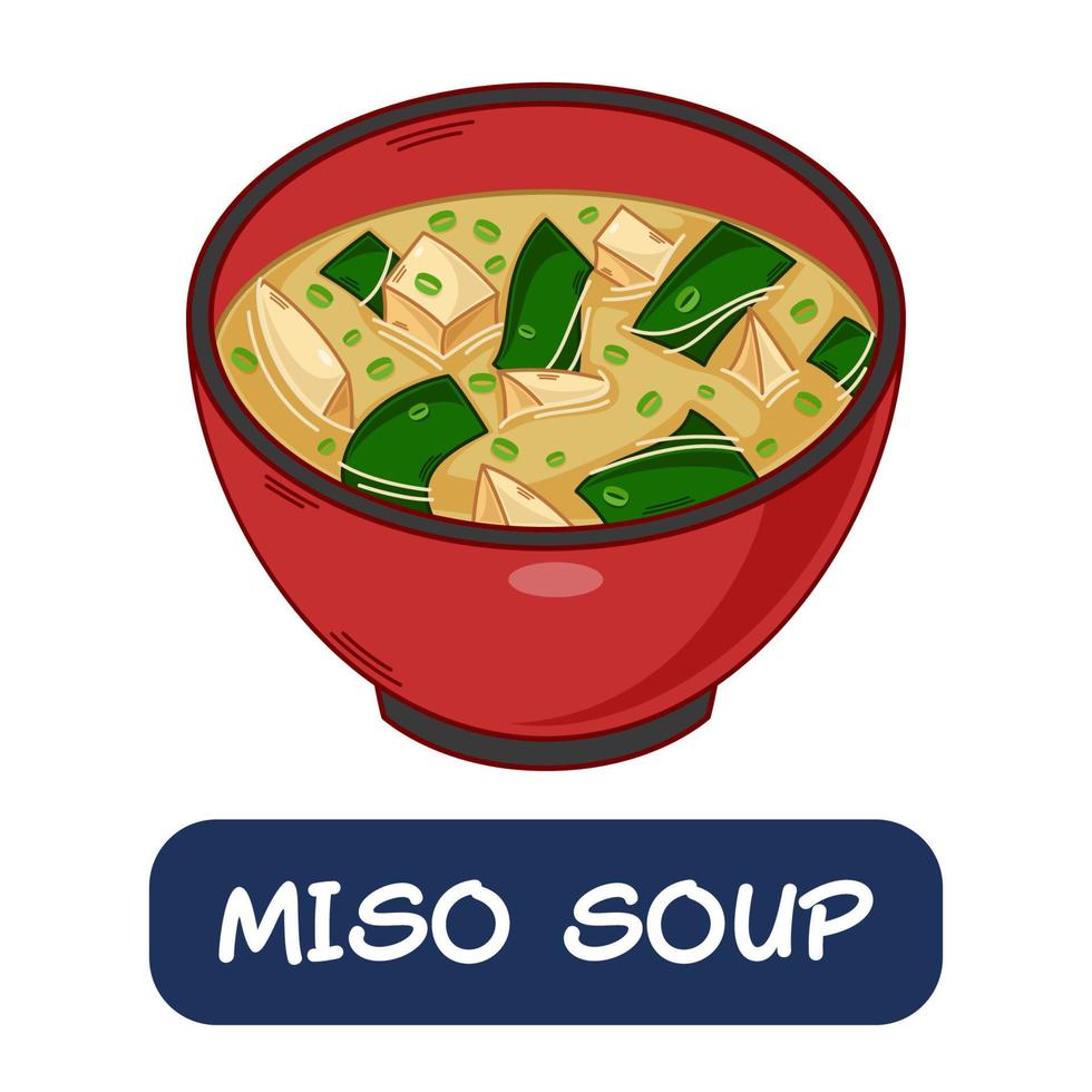 sopa de miso de dibujos animados, vector de comida japonesa aislado en fondo blanco