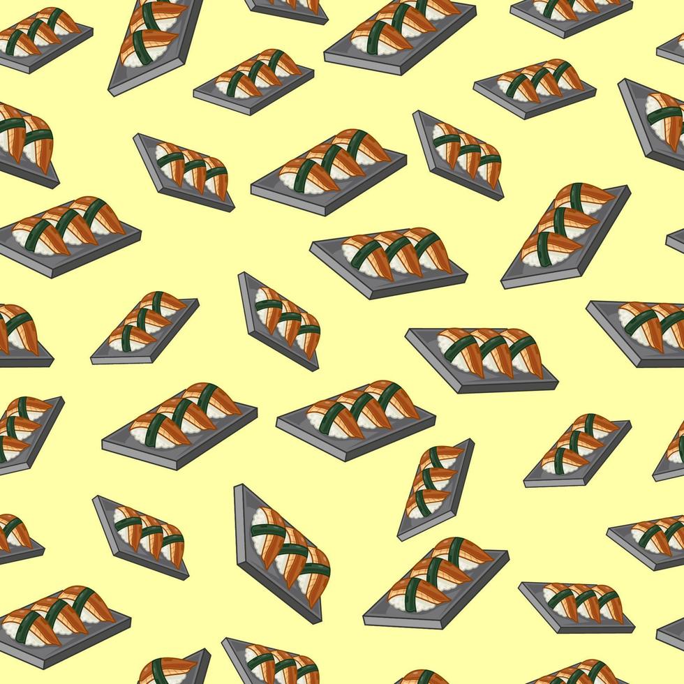anguila de sushi de dibujos animados, patrones sin fisuras de comida japonesa en colores de fondo vector