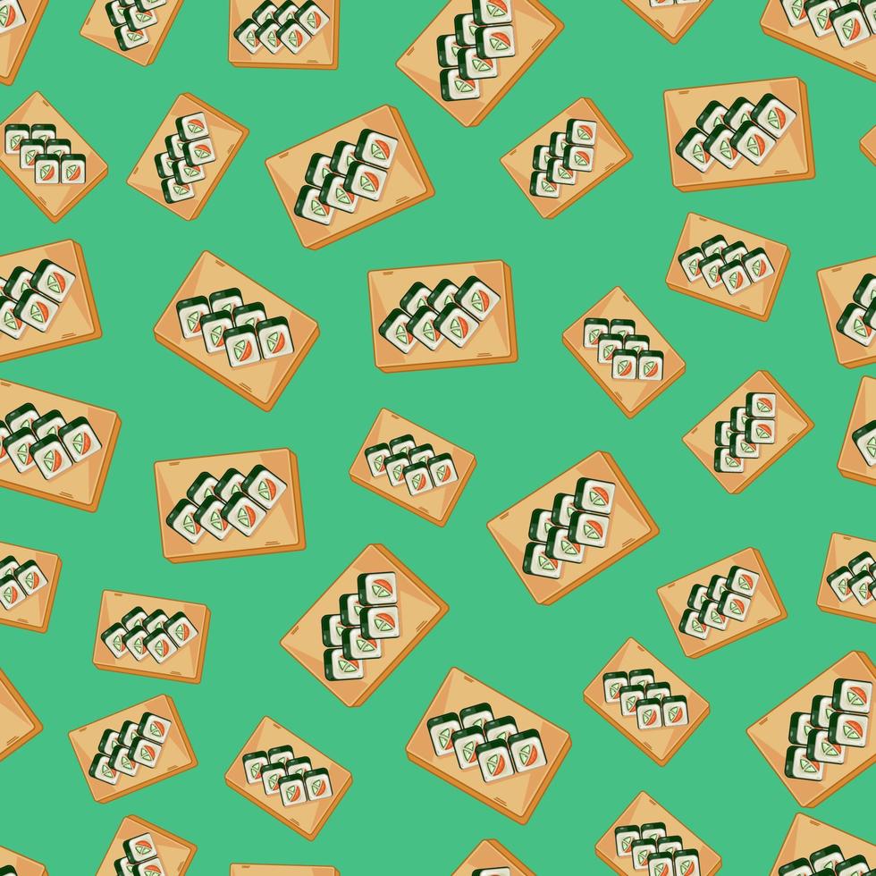 rollo de sushi de dibujos animados, patrón sin costuras de comida japonesa en colores de fondo vector