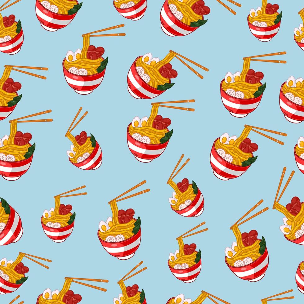 ramen de dibujos animados, patrón sin costuras de comida japonesa en colores de fondo vector