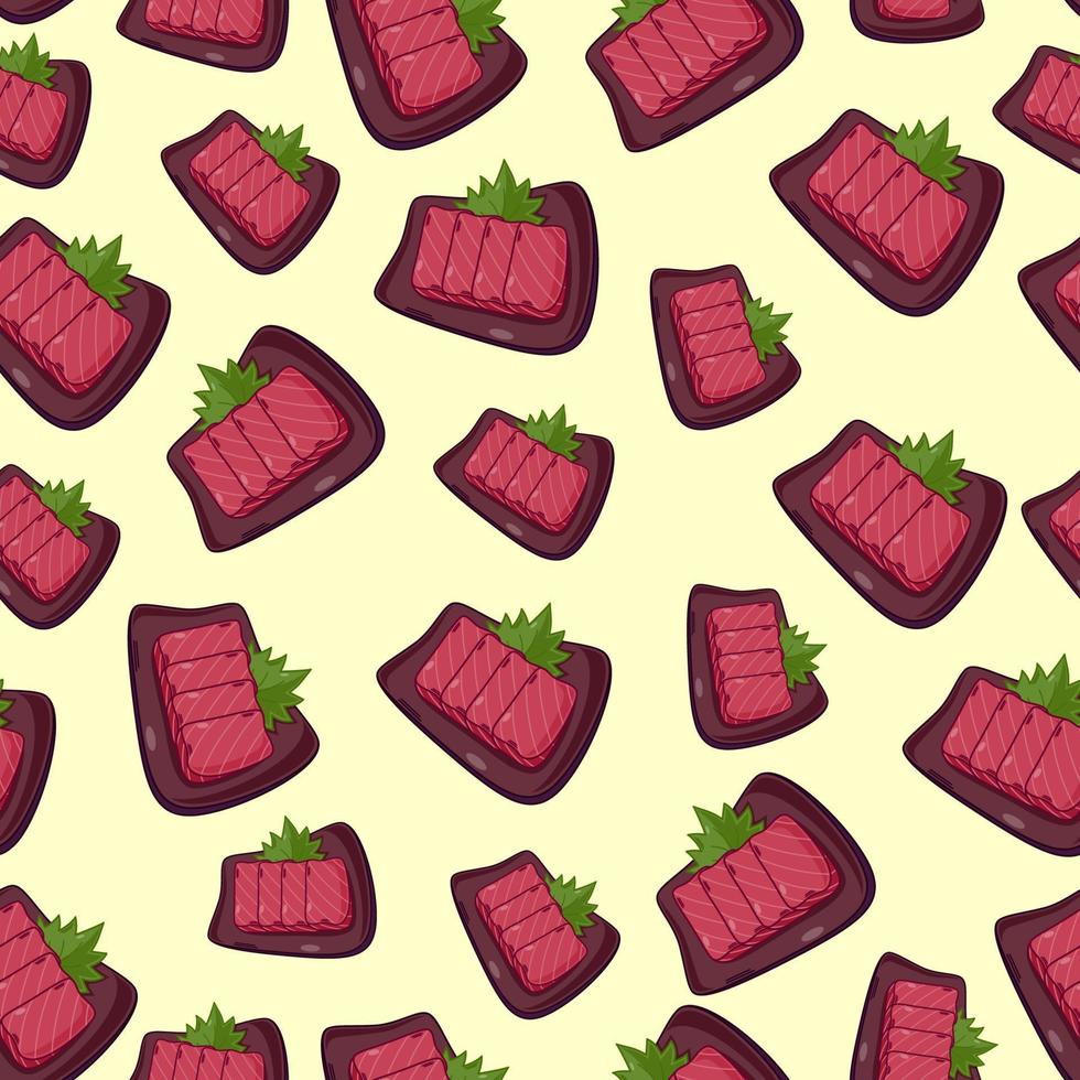 cartoon sashimi-tuna, japanese food seamless pattern on colorful background vector