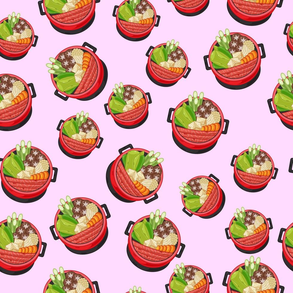 sukiyaki de dibujos animados, patrones sin fisuras de comida japonesa en colores de fondo vector