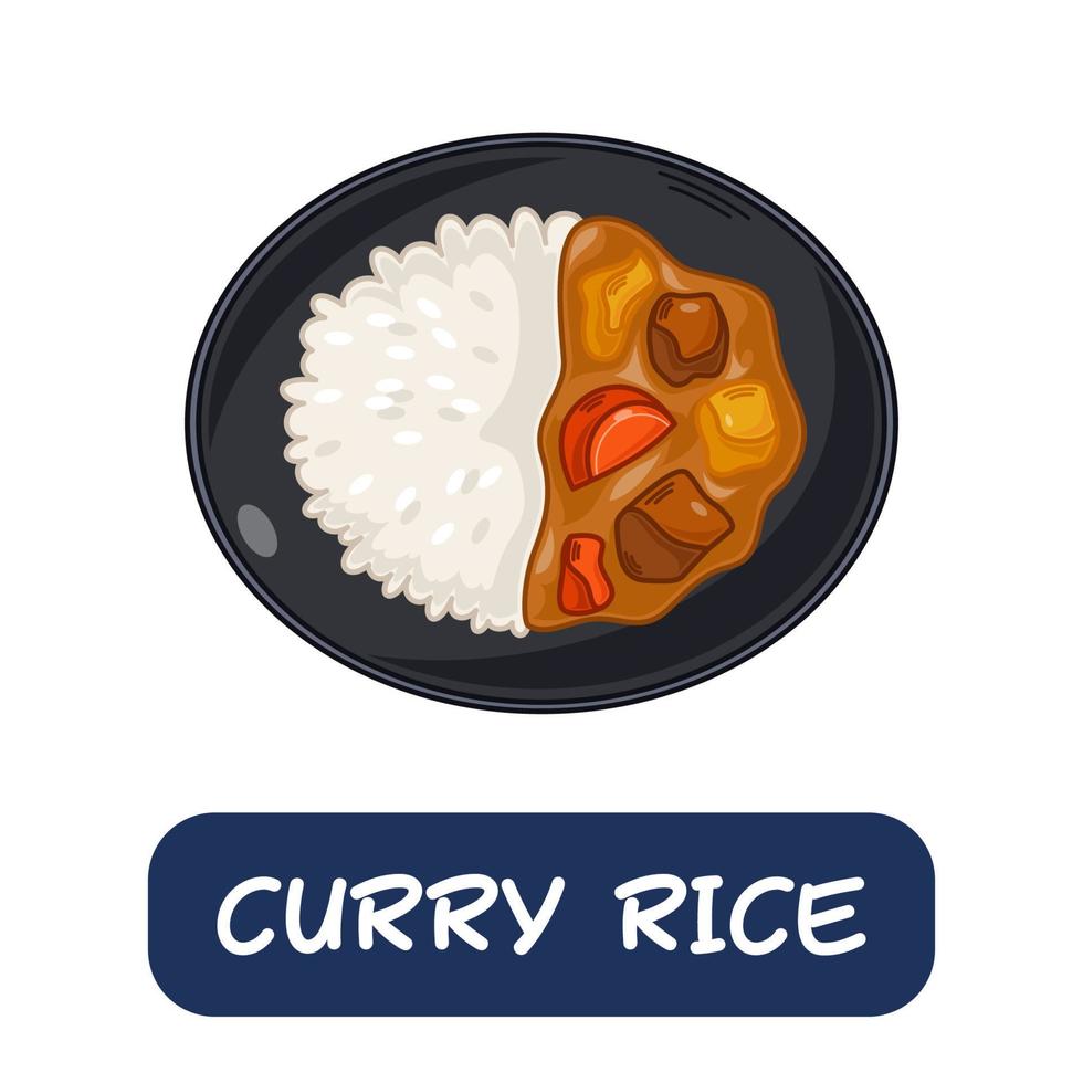 arroz al curry de dibujos animados, vector de comida japonesa aislado en fondo blanco