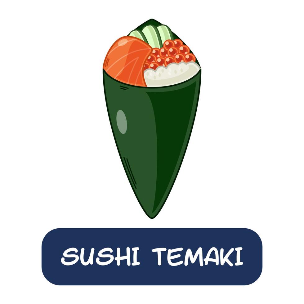 temaki de sushi de dibujos animados, vector de comida japonesa aislado en fondo blanco