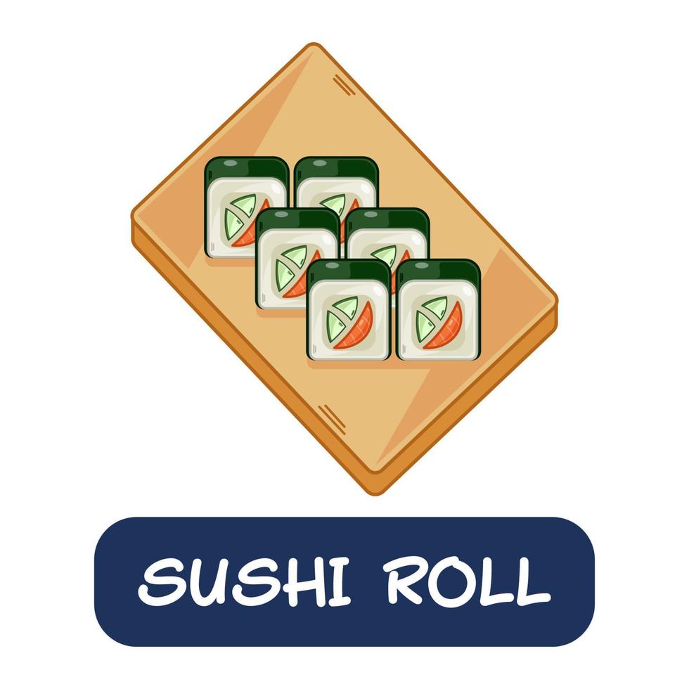 rollo de sushi de dibujos animados, vector de comida japonesa aislado sobre fondo blanco