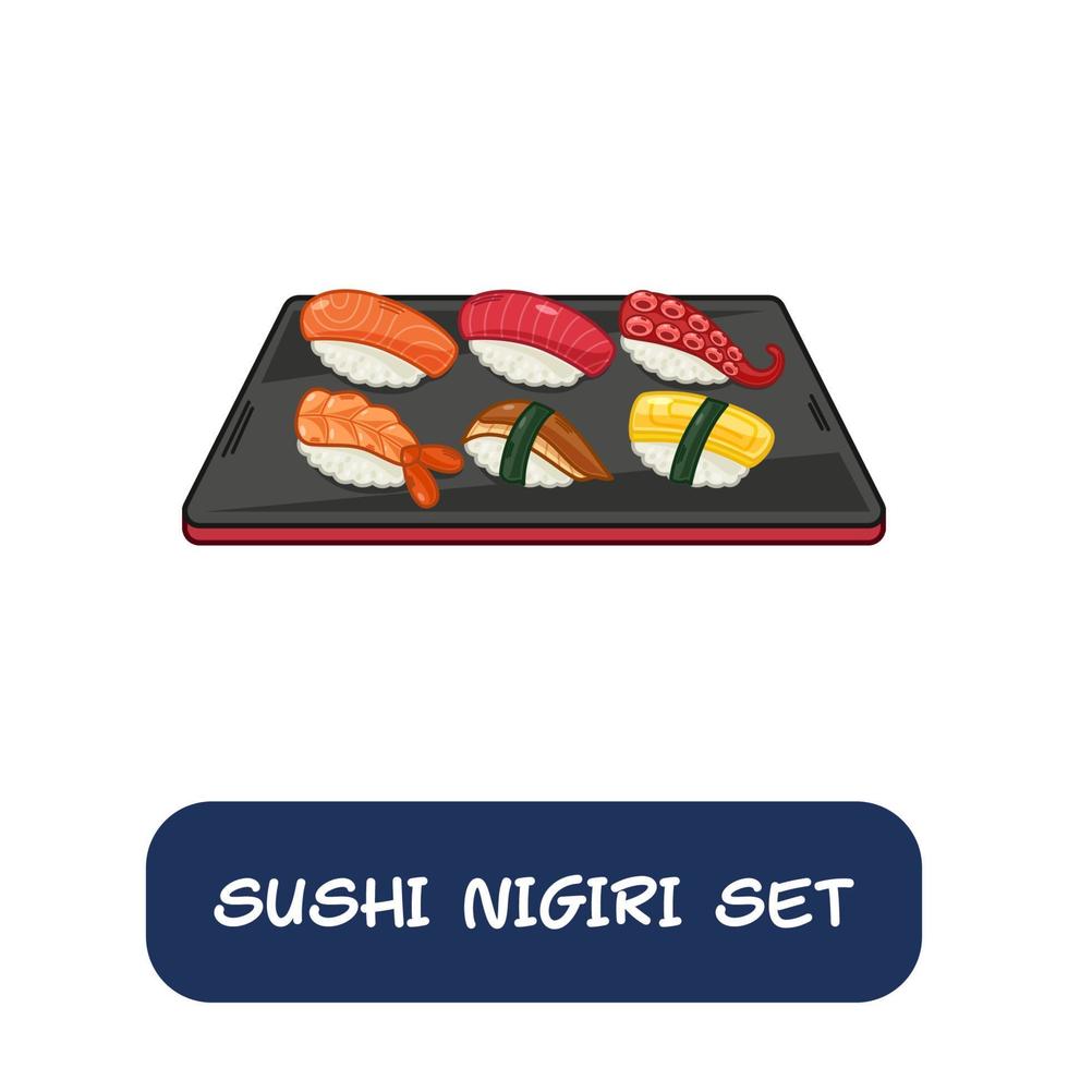 juego de nigiri de sushi de dibujos animados, vector de comida japonesa aislado en fondo blanco