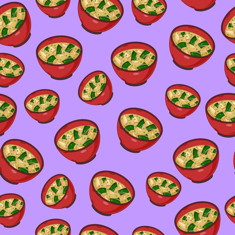 cartoon miso soup, japanese food seamless pattern on colorful background vector