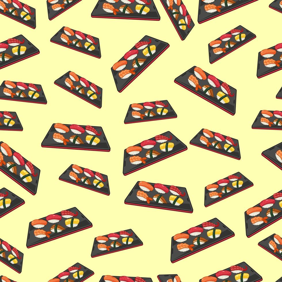 cartoon sushi nigiri set, japanese food seamless pattern on colorful background vector