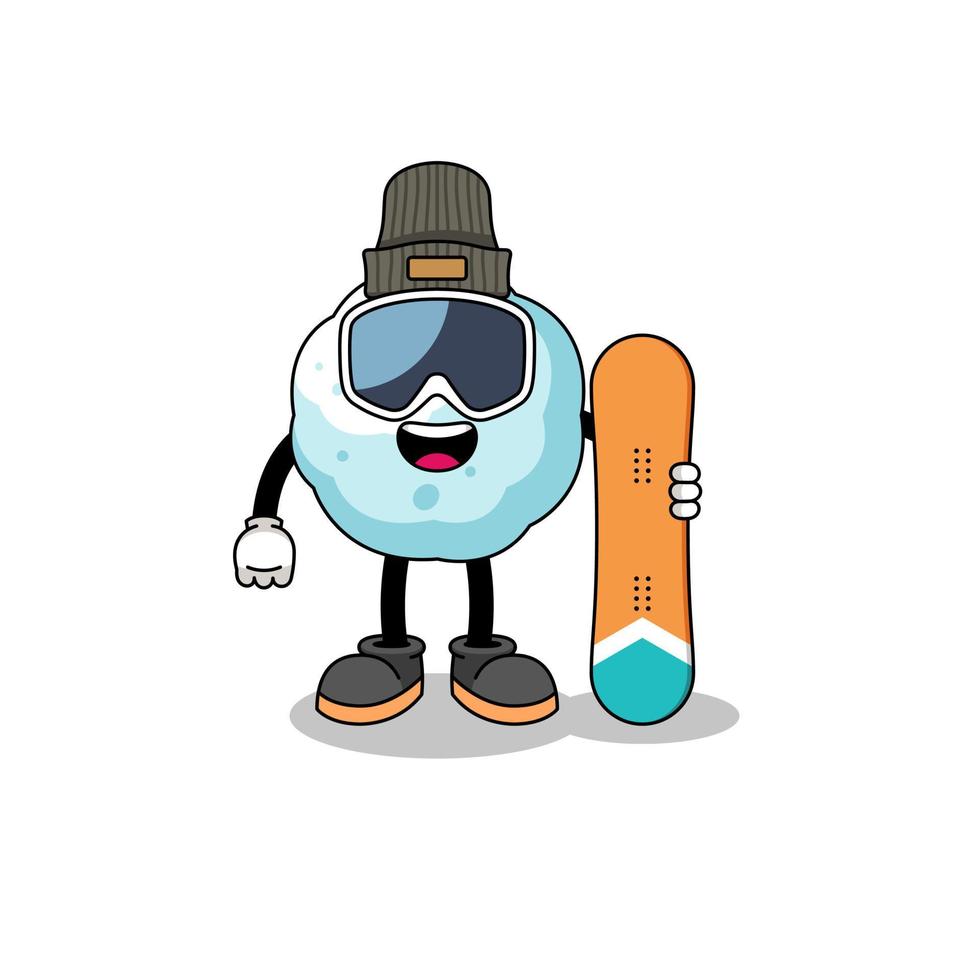 mascota, caricatura, de, bola de nieve, snowboard, jugador vector